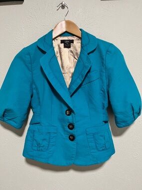 Luii by Anthropologie Turquoise 3/4 Sleeve Tailored Blazer Lined Petite Small